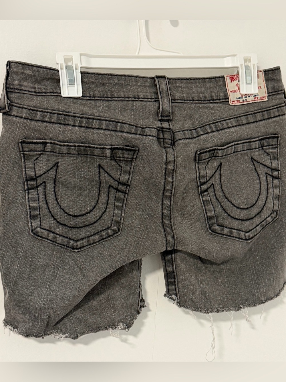 True Religion Gray Denim Cutoff Shorts with Signature Back Pockets